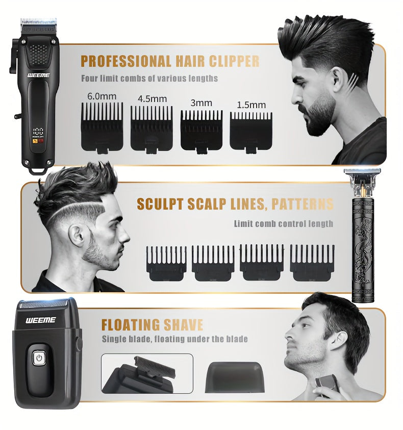 WEEME 3pcs Men's Grooming Kit: Black USB Rechargeable Electric Clipper + T-Blade Trimmer + Shaver Combo, featuring an LCD display and anti-slip textured design for precise haircuts, beard trimming, and sideburns styling—per