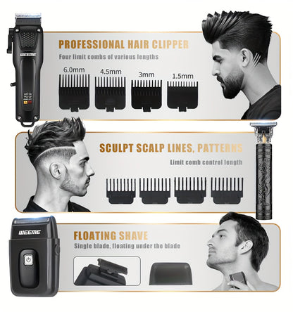 WEEME 3pcs Men's Grooming Kit: Black USB Rechargeable Electric Clipper + T-Blade Trimmer + Shaver Combo, featuring an LCD display and anti-slip textured design for precise haircuts, beard trimming, and sideburns styling—per