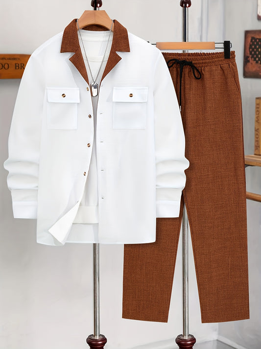 New Autumn And Winter Two-Piece Set Featuring a Color-Blocked Long-Sleeve Shirt with a Suit Collar And Straight-Leg Casual Trousers.