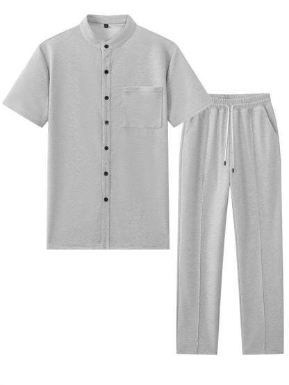 Men'S Two-Piece Set Featuring a Short-Sleeve Cardigan with Pockets And Drawstring Pocket Long Pants, Perfect for a Clean And Comfortable Summer.