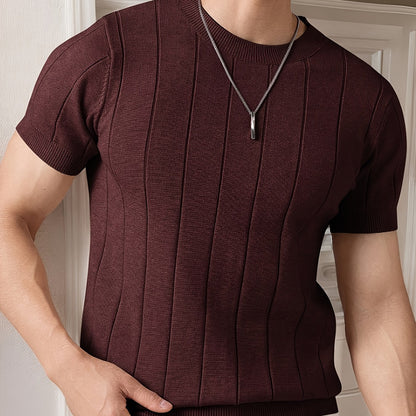 Men's Slim Fit Striped Textured Knit Crew Neck T-Shirt - High Elasticity Short Sleeve Casual Top for Spring/Autumn, Breathable Daily Leisurewear, Spring Fashion, Classic Style, Durable Construction, Pullover Shirt, Stylish Me