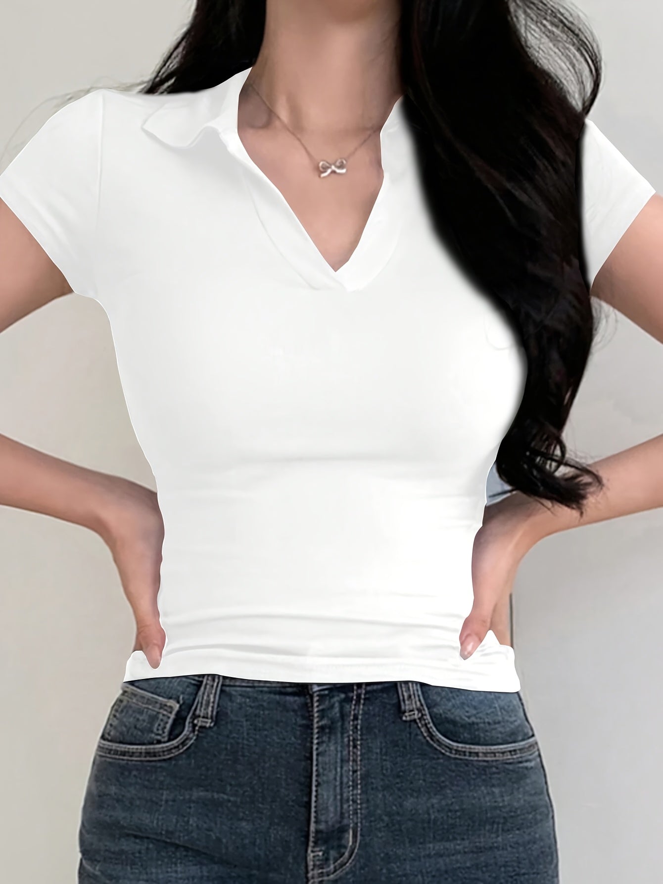 [Sleek Fit] Women's Slim Fit Short Sleeve Shirt - Elegant Black V-Neck Tee, Stretchy Polyester Blend, Machine Washable, Perfect for Spring/Summer/Fall, Short Sleeve Blouses