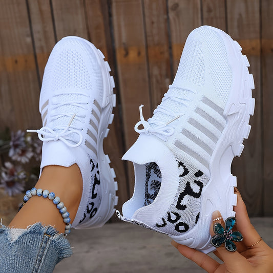 Women's Fashion Leopard Print Lace-Up Sneakers, Breathable Mesh Walking Shoes for Spring/Summer, Lightweight Comfortable Casual Sports Control Footwear with PVC Sole and Microfiber Insole