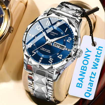 1 New BANBONY Brand Unisex Stainless Steel Quartz Watch with HD Scratch-Resistant Rhinestone-Embellished Simple Digital Round Dial, Luminous Display Date Calendar Battery-Powered Multifunctional Fully Automatic Wristwatch for