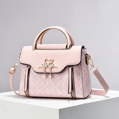 Elegant Pink Women's Handbag - Luxury Crossbody & Shoulder Bag with Golden-Tone Hardware, Magnetic Closure, and Stylish Bow Accent, Travel Crossbody Bag | Structured Design | Textured Surface