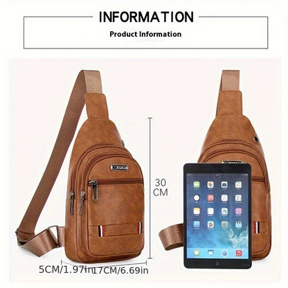 Men'S Vintage Faux Leather Chest Bag - Crossbody Sling Style, Multi-Layer Zippered Front, Brown with Red & White Stripes, Perfect for Casual Outings, Crossbody Bag, Secure Zipper Closure