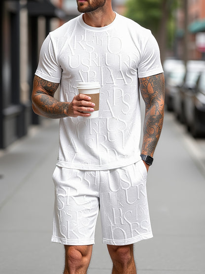 European and American Style Men's Fashion Set with Letter Pattern Round Neck Short Sleeve T-shirt + Shorts