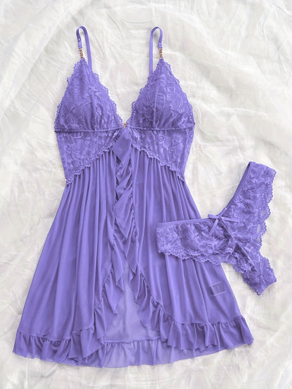 Sexy and Romantic Sleepwear Set, Solid Color Lace Camisole with Matching Panties, V-Neck Design Accentuating Elegant Neckline, Delicate Lace Pattern for Softness. Flared Hem and Ruffled Front Add Graceful Charm, Perfect for a