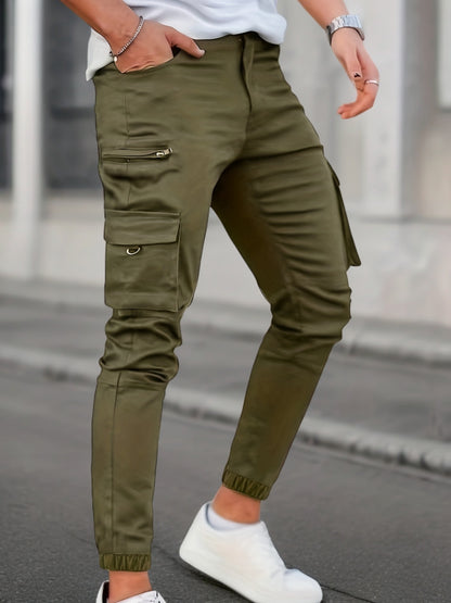 Men's Solid Color Multi-pocket Cargo Pants With Drawstrings, Casual Stylish Sports Trousers As Gift