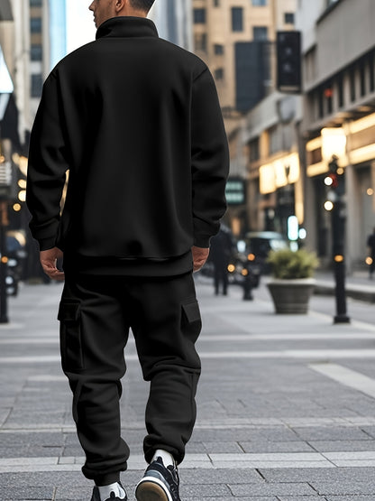 Versatile Ensemble, Men's Casual 2pcs Set: Heavyweight Zip-Up High Neck Sweatshirt & Pocketed Work Pants - Solid Color, Plush Fabric for Fall/Winter
