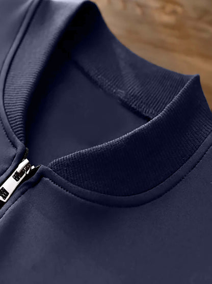 Men'S Trendy Two-Piece Jacket and Sweatpants Set in Navy Blue with Stylish Print, Casual Youth Activewear, Zipper Detail, Long Sleeve, Slim Fit, Fall/Winter Collection