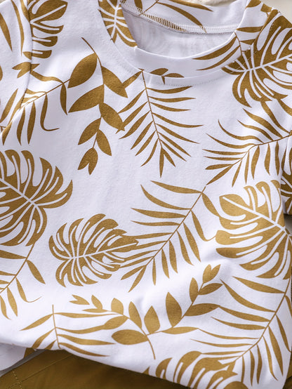 Boys' Tropical Leaf Print Cotton Blend Casual Outfit - Short Sleeve Tee & Drawstring Shorts Set, Machine Washable for Spring/Summer, Perfect for Outdoor