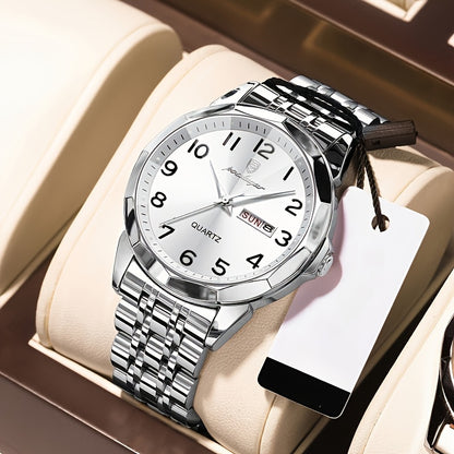 1pc BINBOND Men'S Fashion Watch, Luxury Dual Calendar Quartz Wristwatch, Business Style, Round Alloy Case, Stainless Steel Strap, Water-Resistant, Luminous Pointer Display, Battery Powered, Perfect for Valentine's, Christmas,