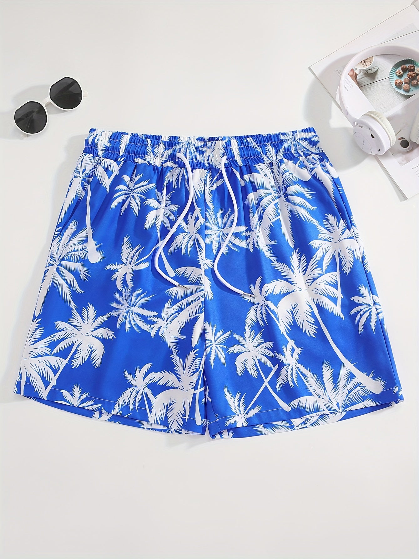 Men's Tropical Coconut Tree Print Drawstring Shorts - Casual, Loose-Fit Beachwear with Pockets