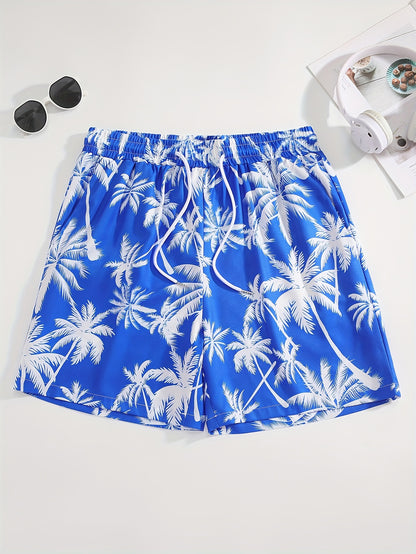 Men's Tropical Coconut Tree Print Drawstring Shorts - Casual, Loose-Fit Beachwear with Pockets