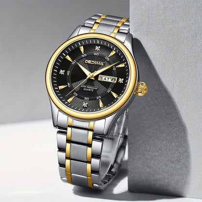Stainless Steel Men's Quartz Watch with Luminous Hands, Dual Calendar, Date Display & High Quality IPX7 - Golden-Tone Dial, Accents for Business, Casual, Travel - Ideal Birthday Holiday Gift, Business Casual Watch | Sleek Met