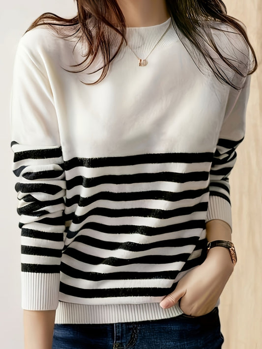 Striped Crew Neck Pullover Sweater, Casual Long Sleeve Versatile Sweater, Women's Clothing