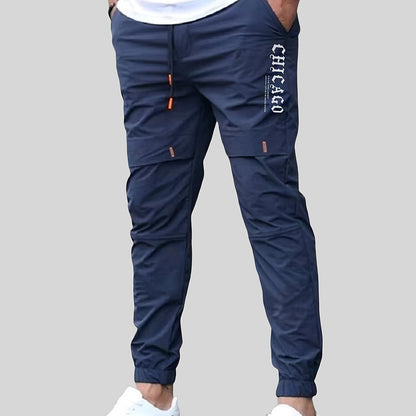 Men'S Casual Drawstring Joggers, 100% Polyester Non-Stretch Woven Fabric, All-Season Regular Fit Trousers with Alphabet Print Detail, Fashionable Workwear Style