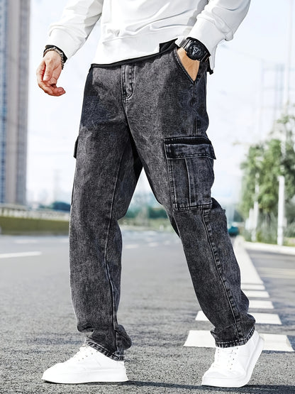 Men's Multi-Pocket Cargo Jeans - Casual Loose Fit Denim with Flap Pockets, Durable Cotton Blend, Ideal for All Seasons, Casual Wear Pants | Classic Blue Jeans | Cotton Blend Jeans