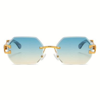 1pc Retro Frameless Glasses for Men & Women, Irregular Shaped PC Lens, Metal Hinge, Climbing Sports, Imitation Wood Grain, Fashionable Decorative Eyewear, Suitable for Daily Wear & Holiday