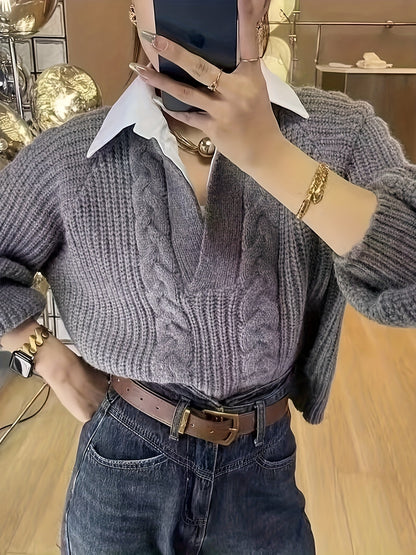 2 In 1 Contrast Color Collared Sweater, Chic Cable Knit Long Sleeve Polo Sweater For Fall & Winter, Women's Clothing