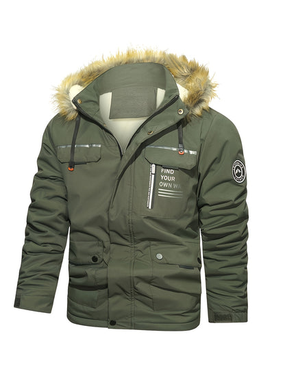 Men'S Winter Hooded Jacket with Fleece Lining - Thickened Zip-Up Coat, Multiple Pockets, Detachable Hood, Olive Green, Casual Sporty Style for Cold Weather, Winter Jacket, Durable Outerwear, Winter Coat Men, Coat With Variabl