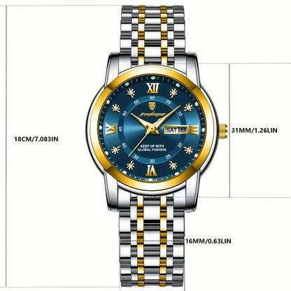 POEDAGAR Elegant Stainless Steel Quartz Watch for Women, Luminous Calendar, Round Alloy Case, Trendy Korean Style, Non-Rechargeable Battery, Watch Accessories