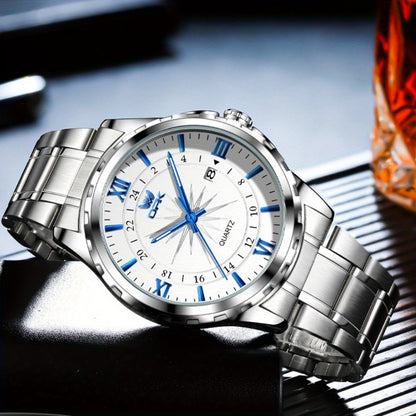 Elegant Luxury Men's Watch with Night Light, Roman Numerals & Date Display - Quartz Movement Stainless Steel Band for Business Casual & Formal Occasions