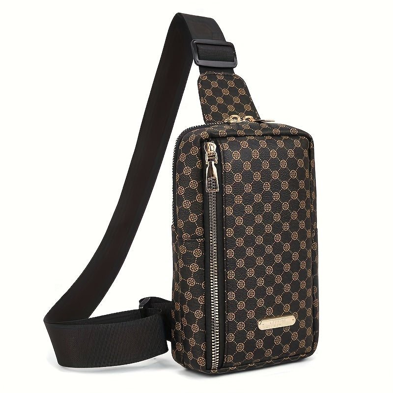 Men'S Classic Black PU Crossbody Bag with Geometric Pattern, Key Holder, Zipper Closure, Polyester Lining, Urban Style, Commuter Bag|Geometric Pattern Bag|Zippered Closure Bag