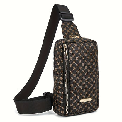 Men'S Classic Black PU Crossbody Bag with Geometric Pattern, Key Holder, Zipper Closure, Polyester Lining, Urban Style, Commuter Bag|Geometric Pattern Bag|Zippered Closure Bag