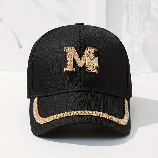 Women's Fashion Patch Baseball Cap With Metallic "M" Initial, Rhinestone Accents, Adjustable Snapback Cps, Wide Brim Sun Hats