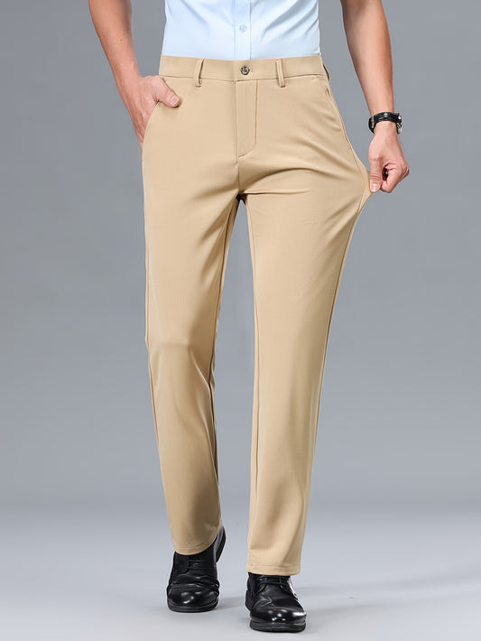 Men's Stretch Dress Pants, Beige with Embroidered Logo - Straight Fit, Wrinkle-Resistant, Polyester Blend, Ideal for Business Casual or Formal Occasions, Allseason Wear|Straight Cut Pants|Stretch Fabric