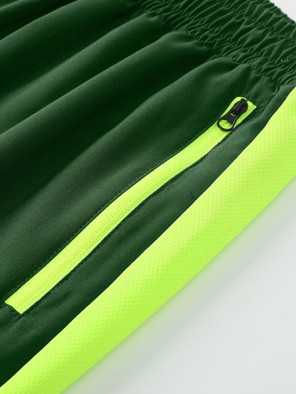 Men's Two-Tone Spliced Jacket and Pants Set in Fluorescent Green with 'Sports' Letter Print, Eye-Catching Fashion Design, Comfortable Soft Fabric, Essential Outfit for Home or Outdoor Wear TZ8030