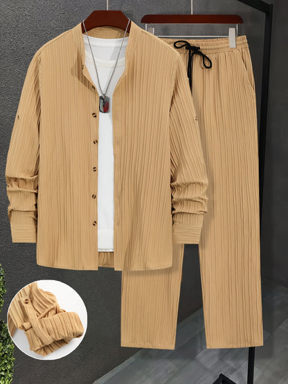 Men'S Two-Piece Set Featuring Textured Fabric, Versatile Long-Sleeve Shirt with Ear Loops, And Loose Drawstring Casual Pants.