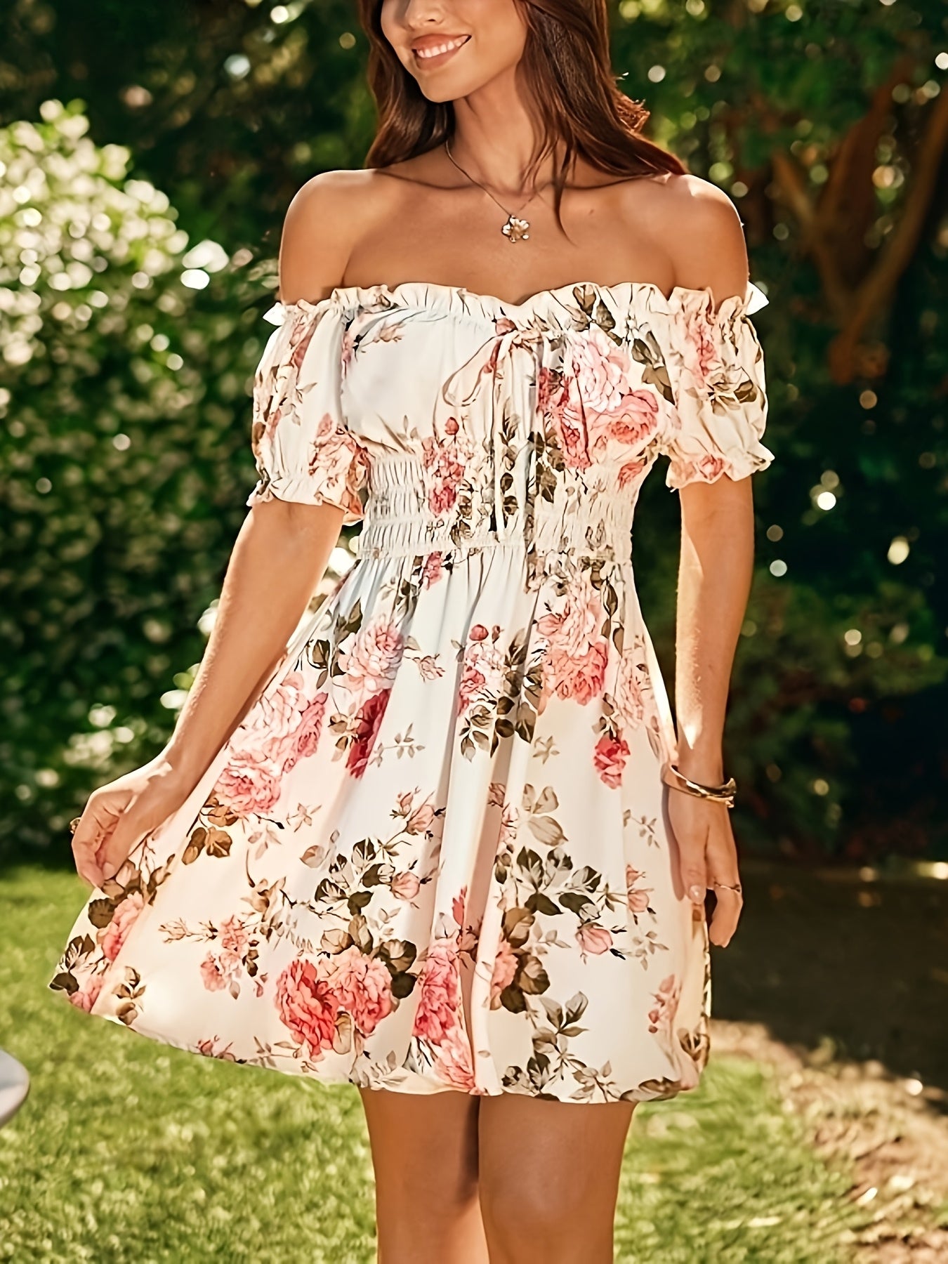 Print Dress for Women - Short Sleeve, A-Line Skirt, Spring/Summer Polyester Fashion, Machine Washable