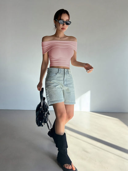 Chic Comfort| Elegant Women's Light Pink Off-Shoulder Ruched Crop Top - Slim Fit, Solid Color, Polyester & Elastane Blend, Machine Washable for Summer, Casual Wear|Chic Offshoulder Top|Delicate Texture