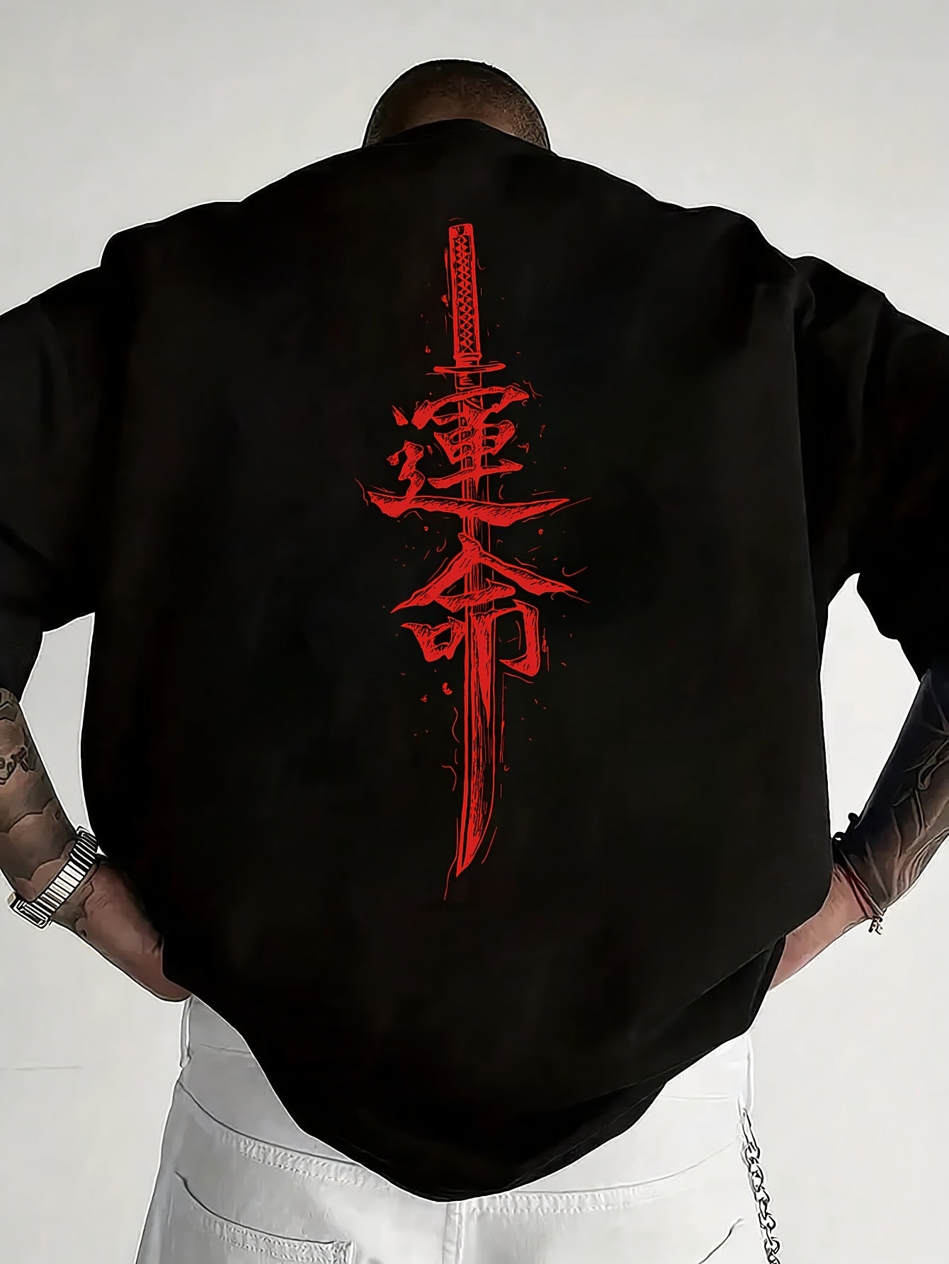 Men'S Japanese Samurai Sword Graphic T-Shirt - Casual Loose Fit Crew Neck, Short Sleeve Tee with Red Stylized Japanese Katanas Design, Breathable Polyester for Spring & Summer Outdoor Wear