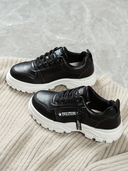 Women'S Breathable Knit Sneakers - Lightweight Thick Sole Casual Walking Shoes in White & Black, Synthetic Cover Upper with Rubber Outsole, Lace-Up Low-Top Design for Indoor/Outdoor, Travel, Beach & Shopping - Cute Gift for M