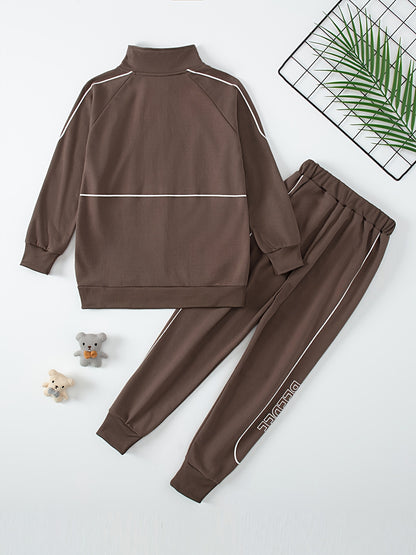 Boys' Casual Sportswear Set - Zip-Up Stand Collar Jacket & Joggers, Long Sleeve, Polyester - Perfect for Spring/Fall Outdoor Activities, Perfect for Outdoor