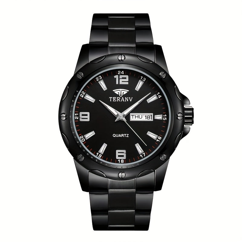 Elegant Men's Stainless Steel Quartz Watch - IPX7 High Quality, Luminous Hands, Date & Day Display, Business Casual Sporty Design for Everyday & Water Activities, Versatile Wristwatch, Sleek Strap Design, Glowing Markers