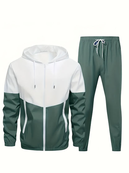 2pcs Men's Hooded Tracksuit - Lightweight Polyester Active Wear Set For Spring/Autumn With Pockets, Long Sleeve Jacket And Jogger Pants