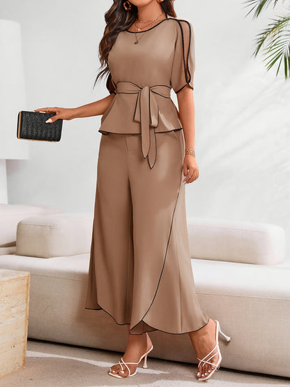New Stylish and Elegant Solid Color Short-Sleeve Shirt Pants Set for Women