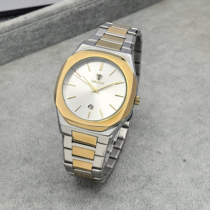 Elegant Men's Quartz Watch - Luminous Hands, Golden-Tone Dial with Stainless Steel Band, Date Display, Business Style, Non-Rechargeable Battery