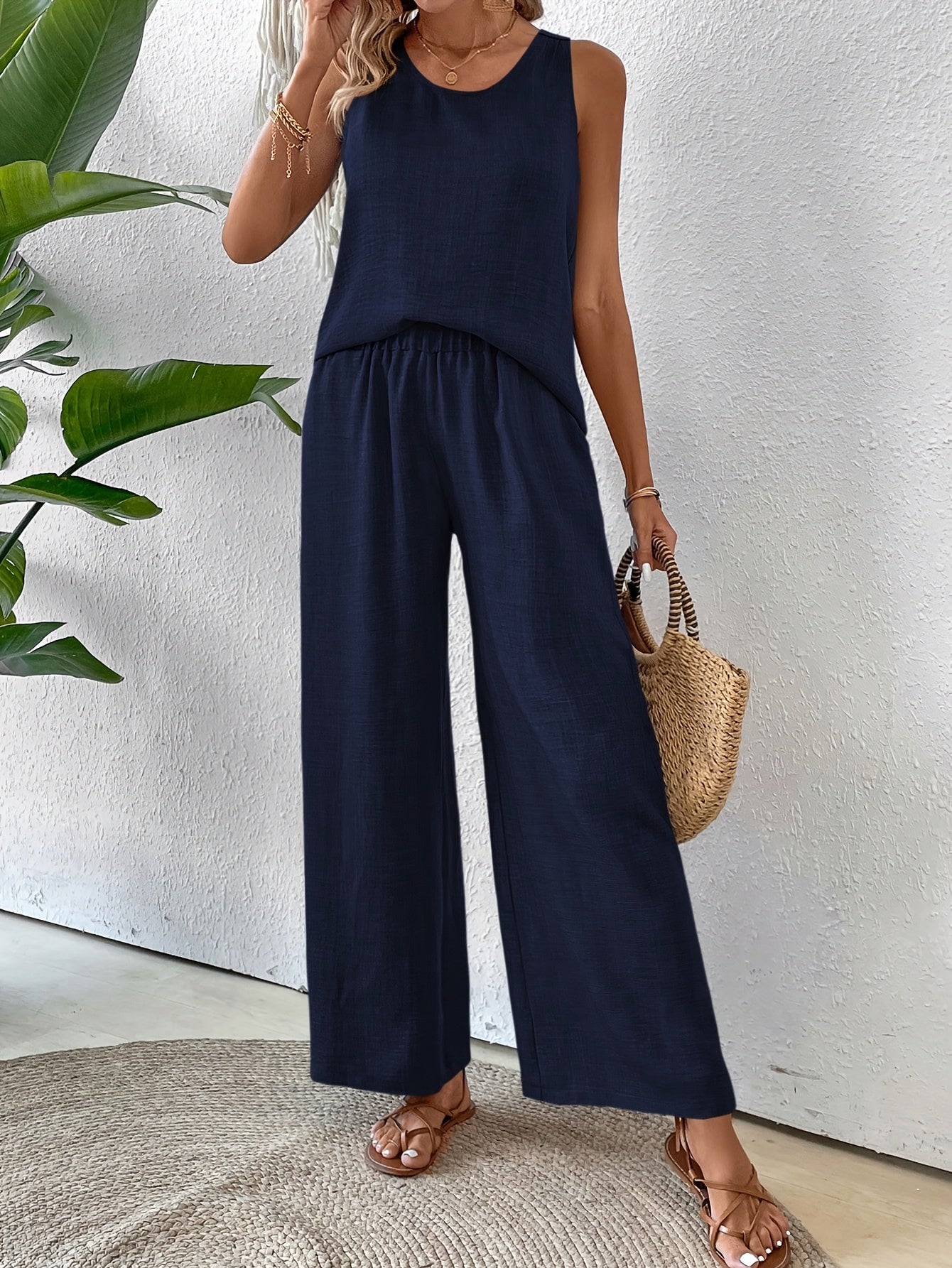 Women'S Summer Backless Cut-Out Panel Tank Top + Wide Leg Pants Set - Casual, Simple, Sleeveless, Polyester, Light Beige, Perfect for Spring/Summer, Casual Attire|Backless Top|Polyester Fabri