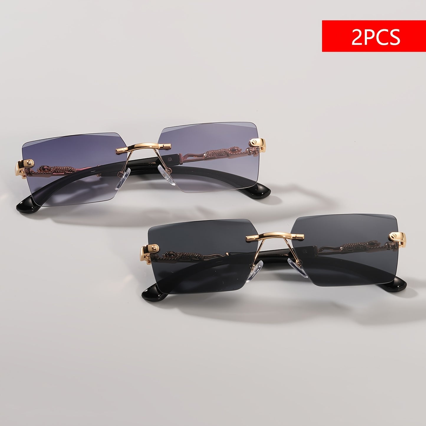 A pair of fashionable glasses with a retro style, featuring rimless leopard print temples and a compact trendy frame