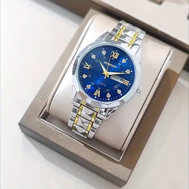 A Men'S Trendy Golden Alloy Luminous Business Casual Quartz Watch with a Steel Band.