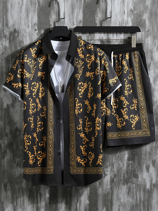 Men's Casual Summer Outfit Set, Short Sleeve Shirt And Pants, Floral Print, Polyester Blend, Machine Washable