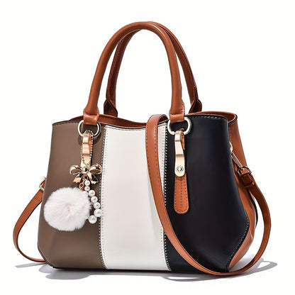 Stylish Women'S Shoulder Bag with Detachable Strap - Large Capacity, Geometric Pattern, White, Blue, and Brown, Perfect for Work, Parties, and Everyday Use, Party Accessory | Geometric Pattern Bag | Durable Zipper Closure, Pu