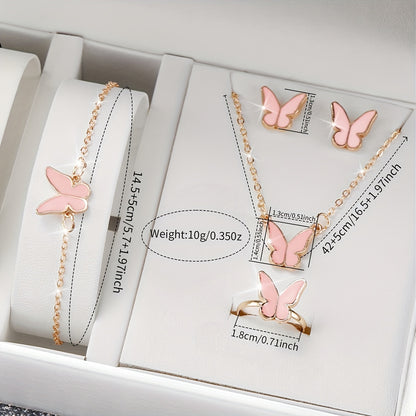 [6pcs Women'S Quartz Watch and Jewelry Set] 6pcs Women'S Quartz Watch and Butterfly Jewelry Set, Round Alloy Case, PU Leather Band, Analog Display with Rhinestone Embellishments, Non-Rechargeable Button Battery, with Gift Set