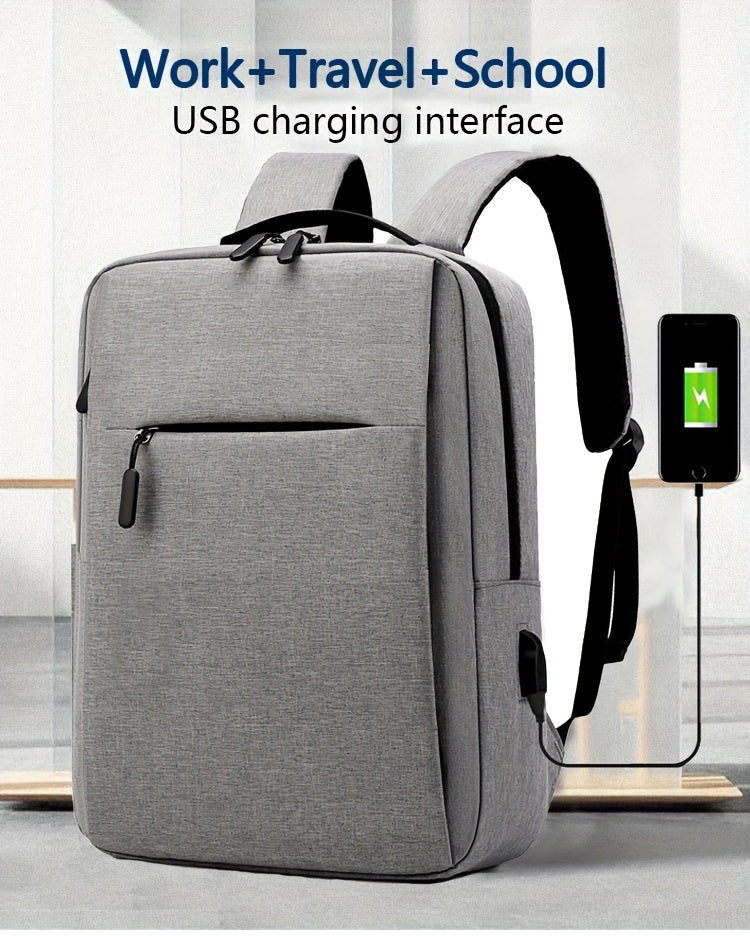 1pc Lightweight Business Laptop Backpack, 33.02/35.56/38.1 cm Computer Bag with USB Charging Port, Adjustable Straps, Zipper Closure, Polyester Lining, Wet Wipe Clean, Black Fabric Travel & Student Bookbag for Men and Women,